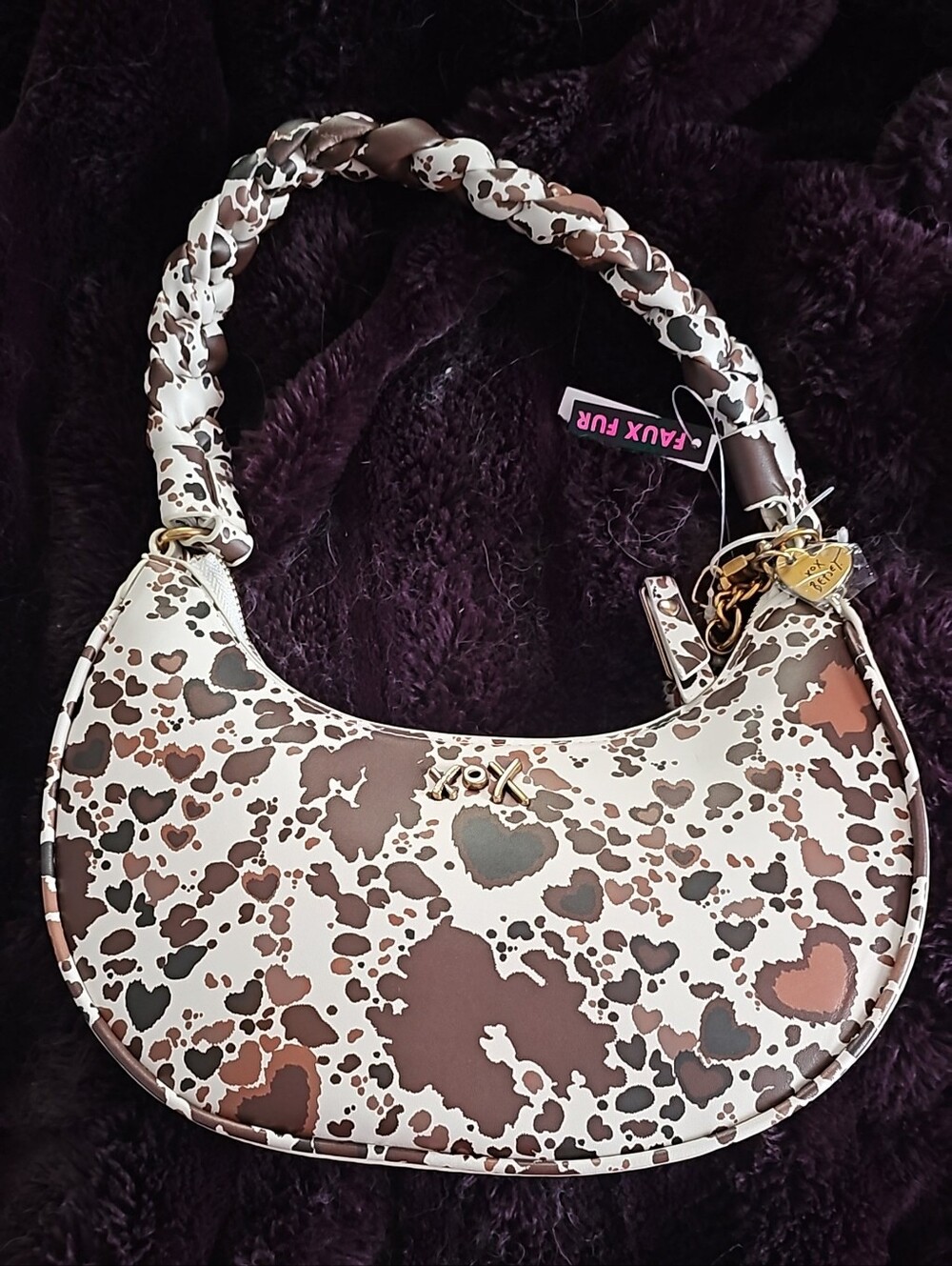 Faux Fur Brown & Cream Heart-Print Shoulder Bag